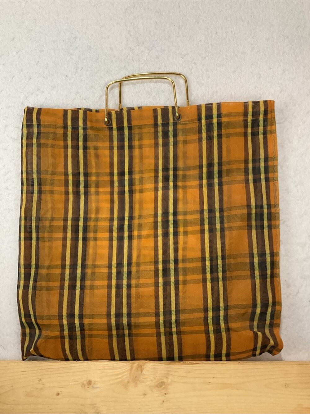 Vintage Mesh Orange Plaid Tartan Tote Market Bag Beach 16x16 Metal Handles Spain